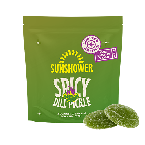Sunshower Spicy Dill Pickle Gummies by Dynaleo-Morden Cannabis Manitoba Dynaleo Inc Edibles 2 x 5mg gummies Sunshower Spicy Dill Pickle Gummies by Dynaleo