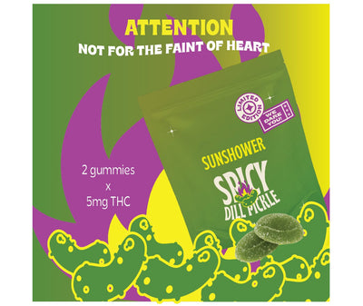 Sunshower Spicy Dill Pickle Gummies by Dynaleo-Morden Cannabis Manitoba Dynaleo Inc Edibles 2 x 5mg gummies Sunshower Spicy Dill Pickle Gummies by Dynaleo